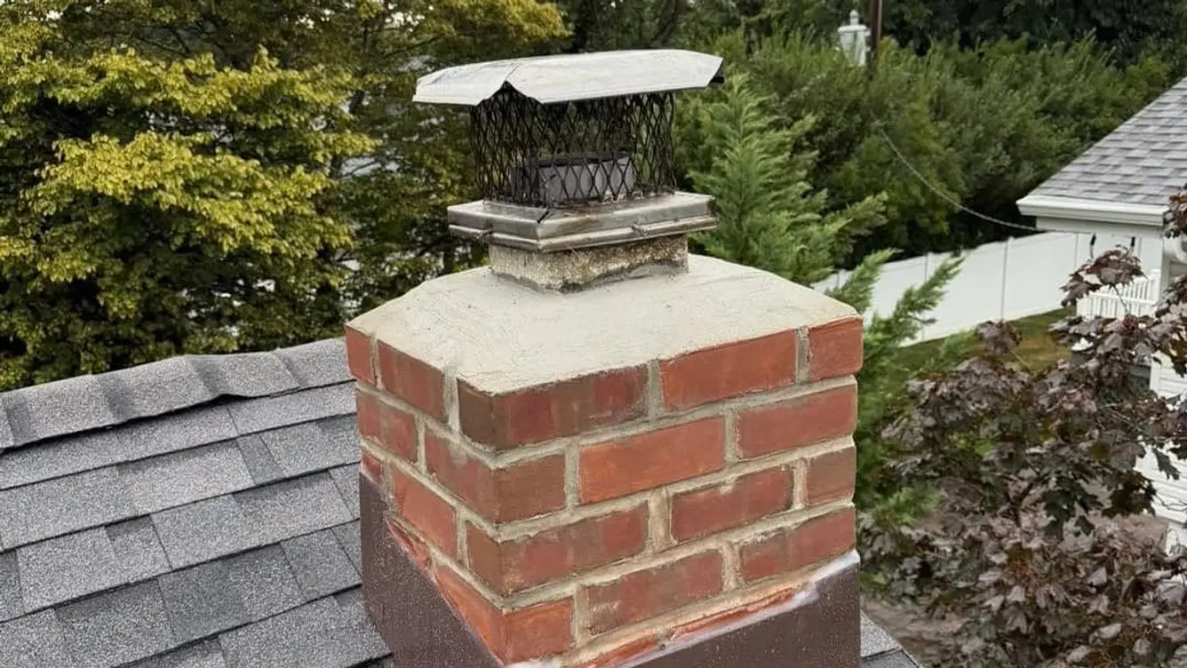 Chimney with new brickwork, a fresh crown, a new cap and new base flashing