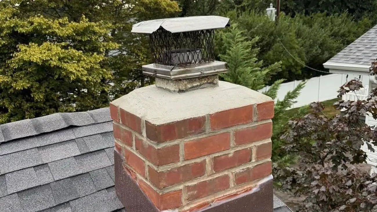 The rebuilt chimney with new brickwork, a fresh crown, a new cap and new base flashing
