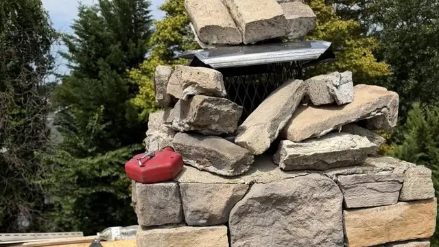 Failed stone chimney with the crown broken apart and loose stones piled around a crooked cap